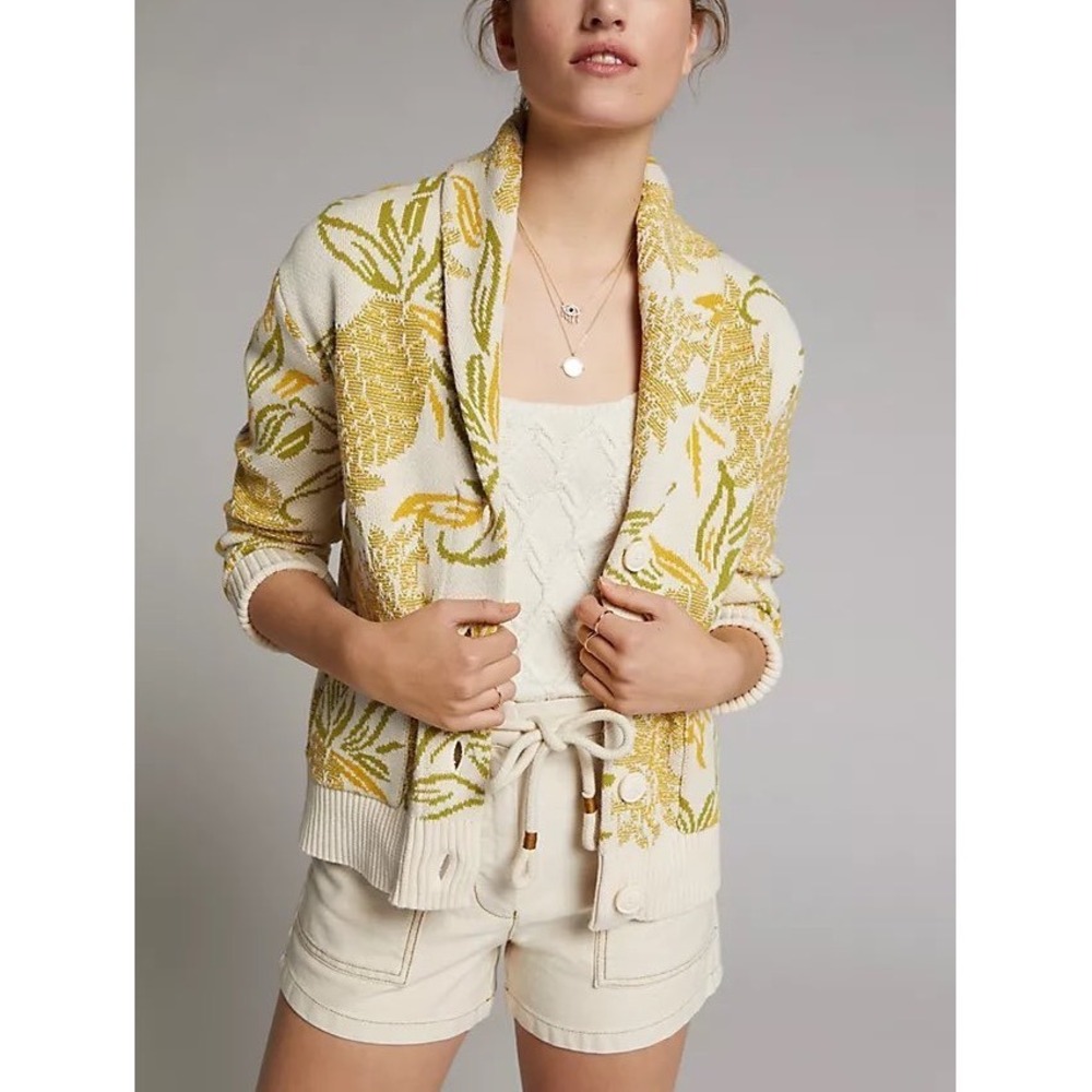 Anthro Maeve Pineapple Cardigan XS Tapestry Knit Floral Tropical Grandmacore